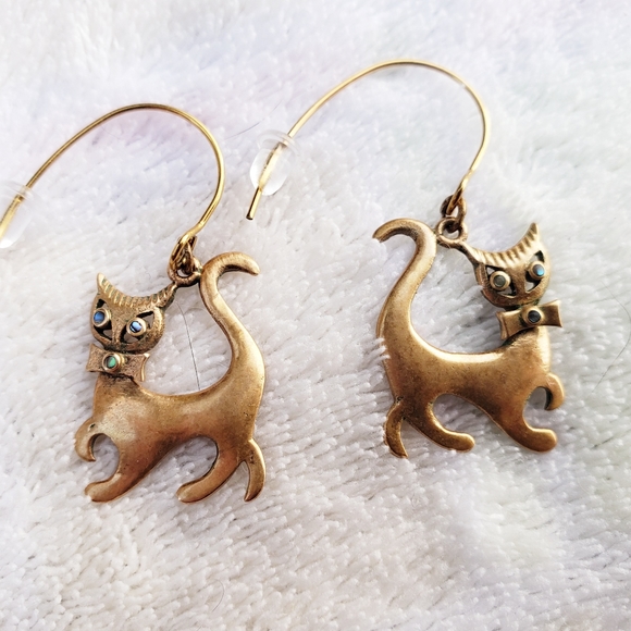 Vintage Brass Cats in Bow Ties Earrings